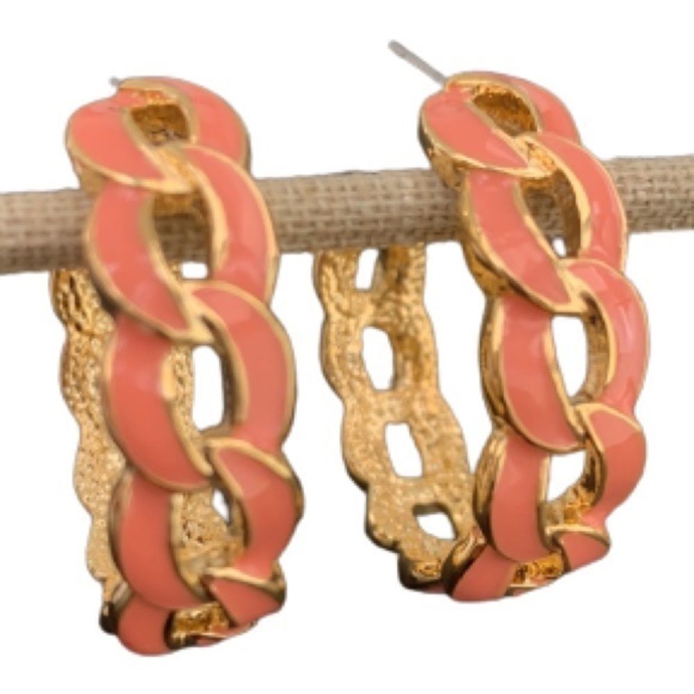 QVC Isaac Mizrahi Live! Pink & Gold Tone Enamel Open Link Hoop Earrings